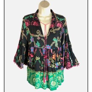 Ivy Jane top womens sz M Loose Fit Tiered Floral Boho Peasant Tassel Pom Poms